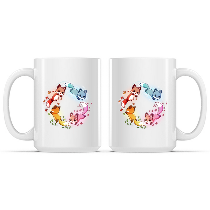 Ceramic Mug_TeeTurtle Seasonal Foxes Mug white mug featuring four adorable foxes representing the seasons arranged in a circle, with autumn leaves, winter snow, spring blossoms, and summer greenery trailing behind them.