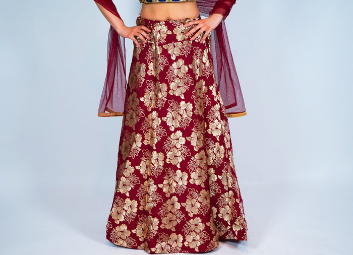 Silk Maroon Floral Brocade Skirt