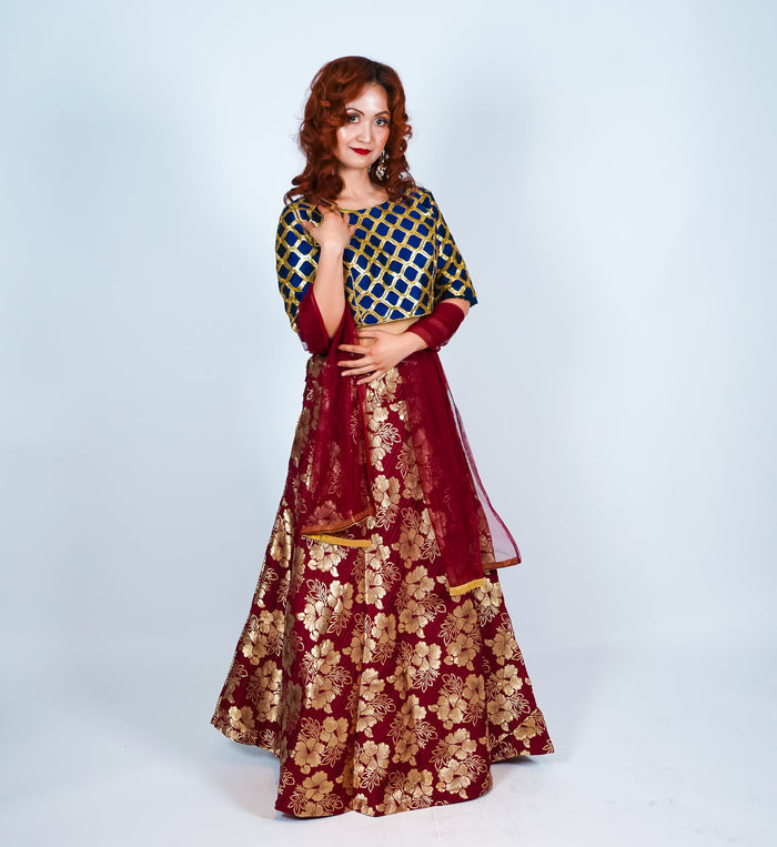 Silk Maroon Floral Brocade Skirt