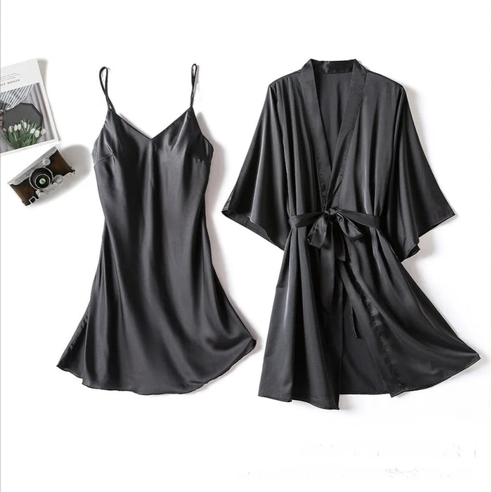 Silk Robe With Long Sleeveless Top 2 Pcs Nightwear P-42 - saimwear