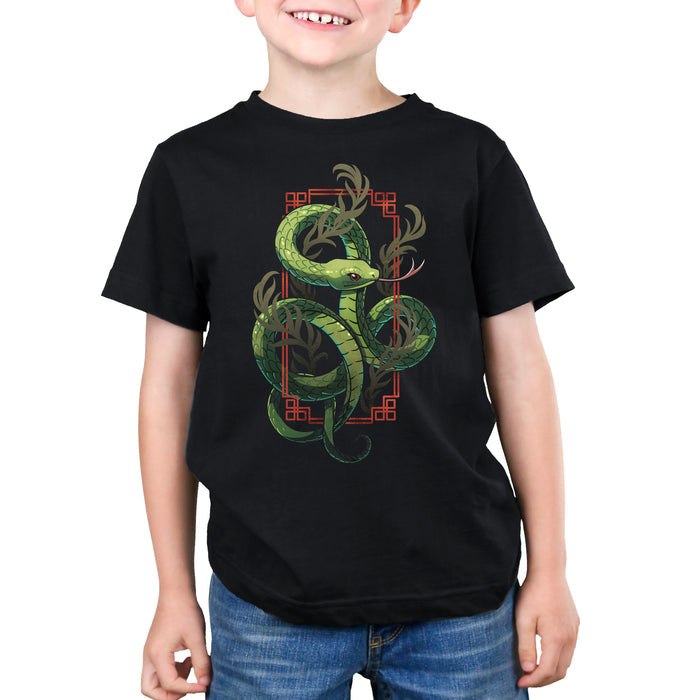 Premium Cotton T-shirt_TeeTurtle black Sinuous Snake apparel featuring a green snake coiled around leafy green plants and red frame.