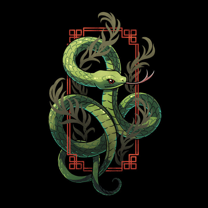 Classic Cotton T-shirt_TeeTurtle  black Sinuous Snake apparel featuring a green snake coiled around leafy green plants and red frame.