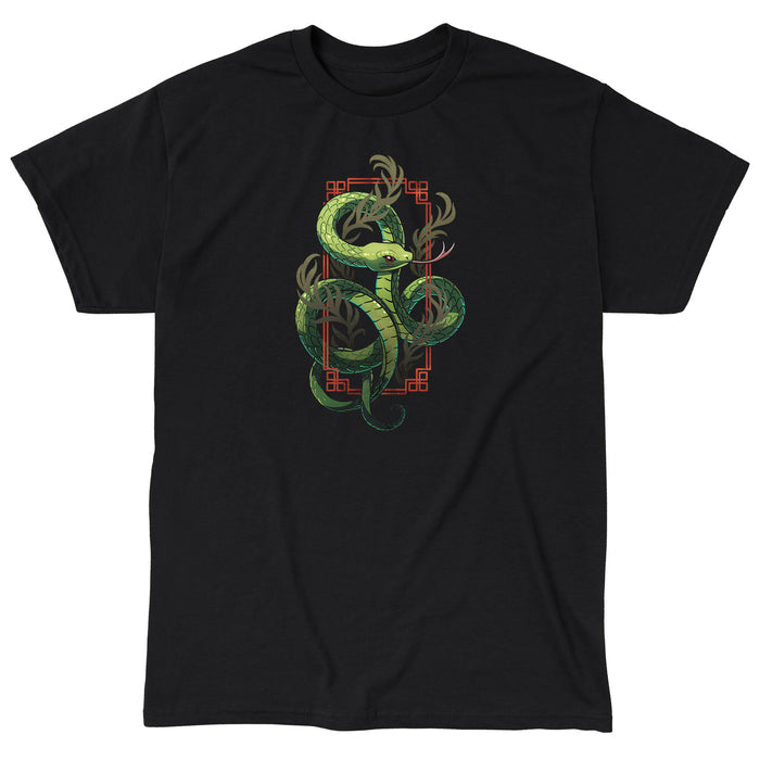 Classic Cotton T-shirt_TeeTurtle  black Sinuous Snake apparel featuring a green snake coiled around leafy green plants and red frame.