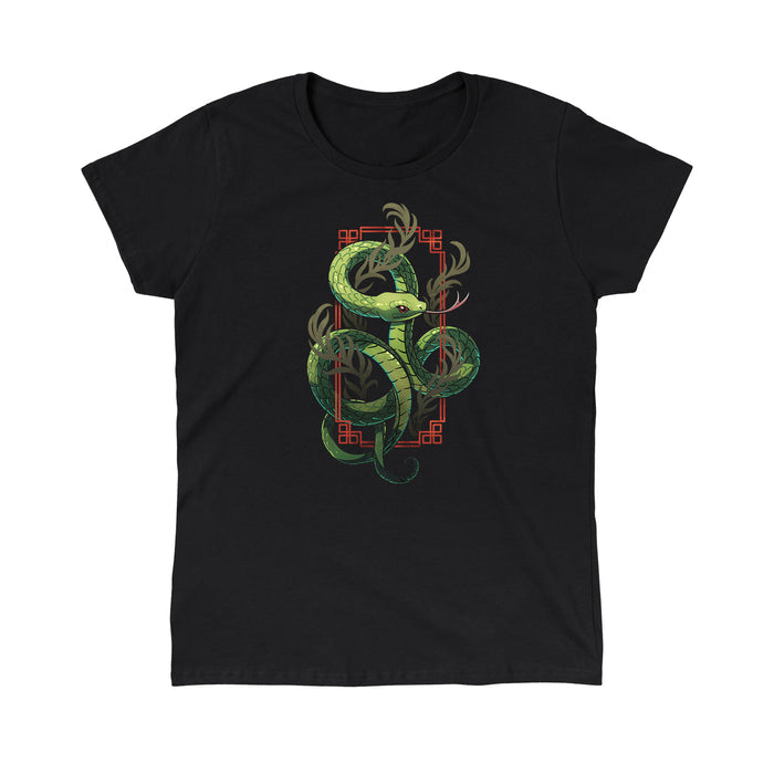 Classic Cotton T-shirt_TeeTurtle  black Sinuous Snake apparel featuring a green snake coiled around leafy green plants and red frame.