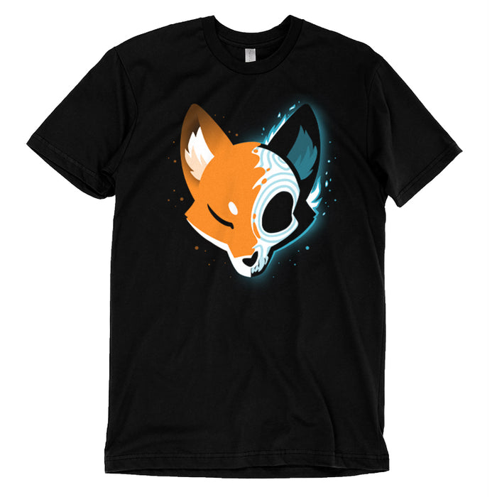 Premium Cotton T-shirt_TeeTurtle black Skull Fox Black featuring a spooky stylized fox head facing forward, with one half in a stylized x-ray view showing a Day of the Dead/Dios de los Muertos skull.