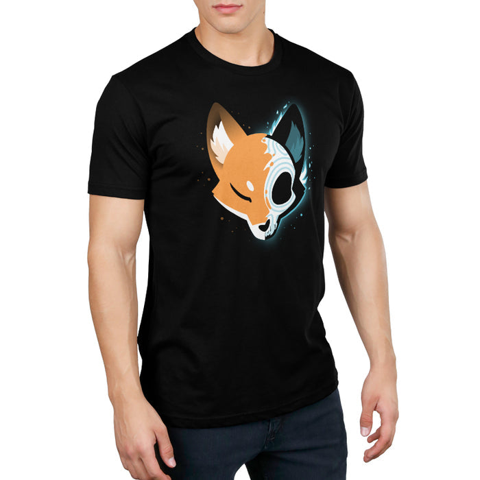 Premium Cotton T-shirt_TeeTurtle black Skull Fox Black featuring a spooky stylized fox head facing forward, with one half in a stylized x-ray view showing a Day of the Dead/Dios de los Muertos skull.