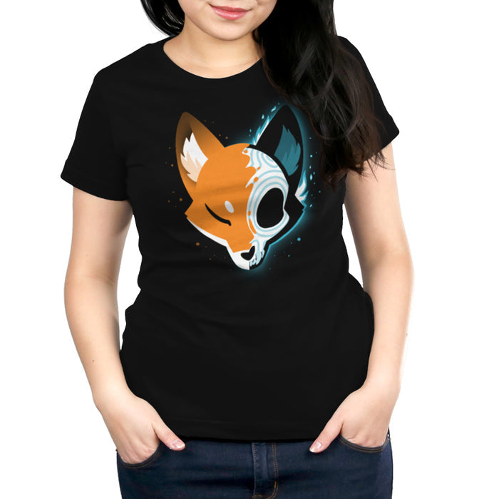 Premium Cotton T-shirt_TeeTurtle black Skull Fox Black featuring a spooky stylized fox head facing forward, with one half in a stylized x-ray view showing a Day of the Dead/Dios de los Muertos skull.