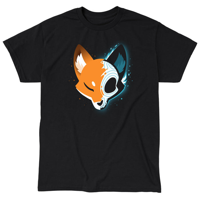 Classic Cotton T-shirt_TeeTurtle black Skull Fox Black featuring a spooky stylized fox head facing forward, with one half in a stylized x-ray view showing a Day of the Dead/Dios de los Muertos skull.