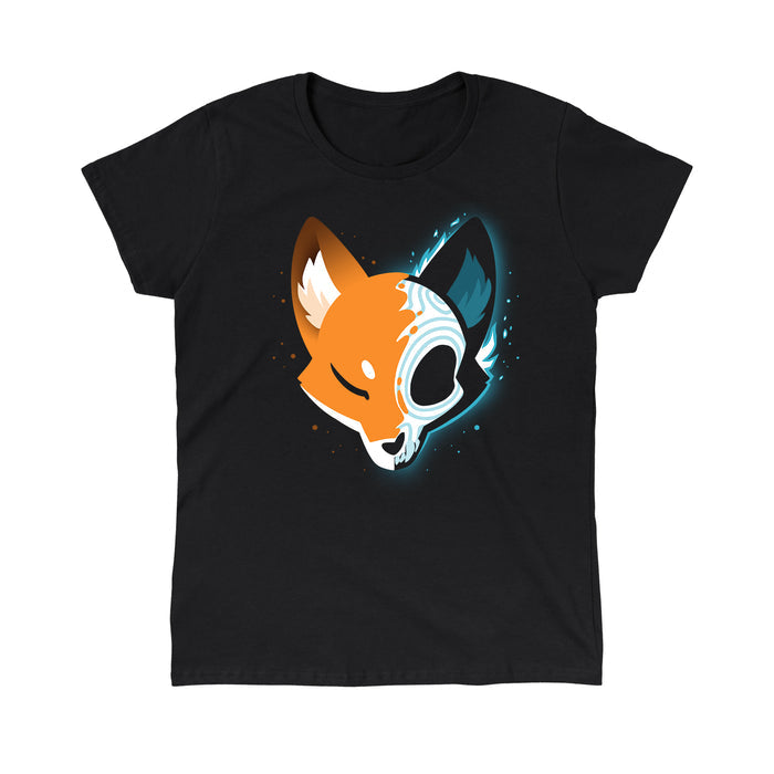 Classic Cotton T-shirt_TeeTurtle black Skull Fox Black featuring a spooky stylized fox head facing forward, with one half in a stylized x-ray view showing a Day of the Dead/Dios de los Muertos skull.