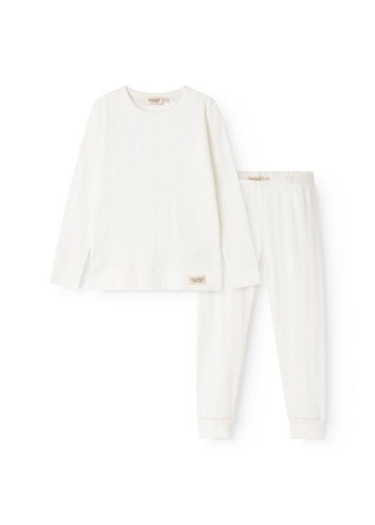 White night suit set with long-sleeve shirt and long trousers