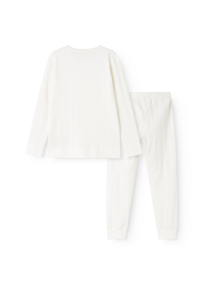 White nightgown set shown from behind: long-sleeve top and long pants
