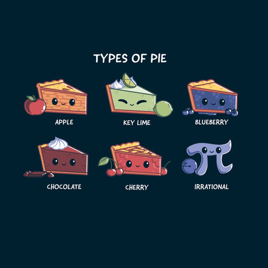 Premium Cotton T-shirt_TeeTurtle navy blue Slice of Pie apparel featuring a row of smiling pie slices, in the order of apple, key lime, blueberry, chocolate, and cherry, and a smiling pi sign that’s irrational.