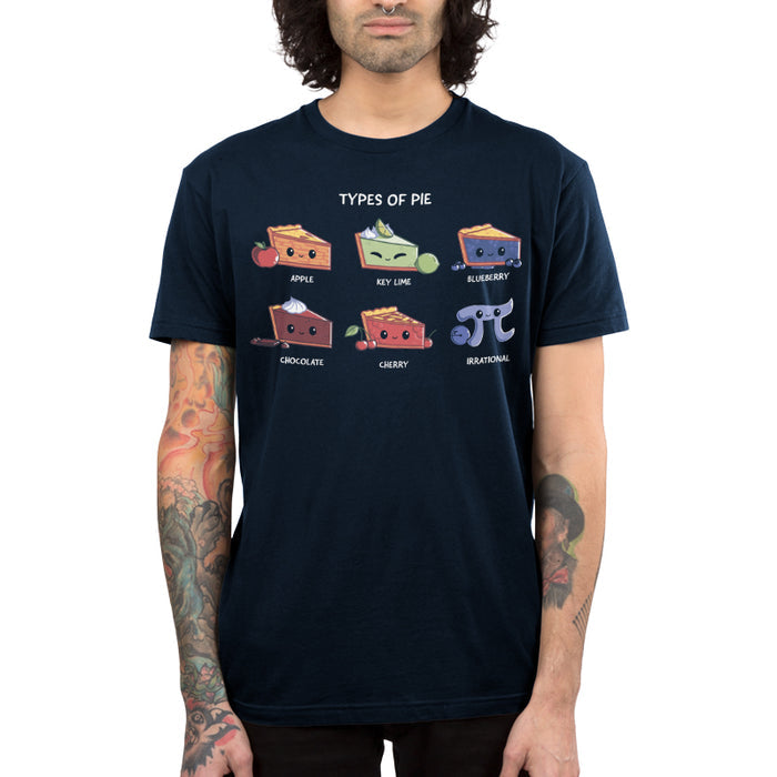 Premium Cotton T-shirt_TeeTurtle navy blue Slice of Pie apparel featuring a row of smiling pie slices, in the order of apple, key lime, blueberry, chocolate, and cherry, and a smiling pi sign that’s irrational.