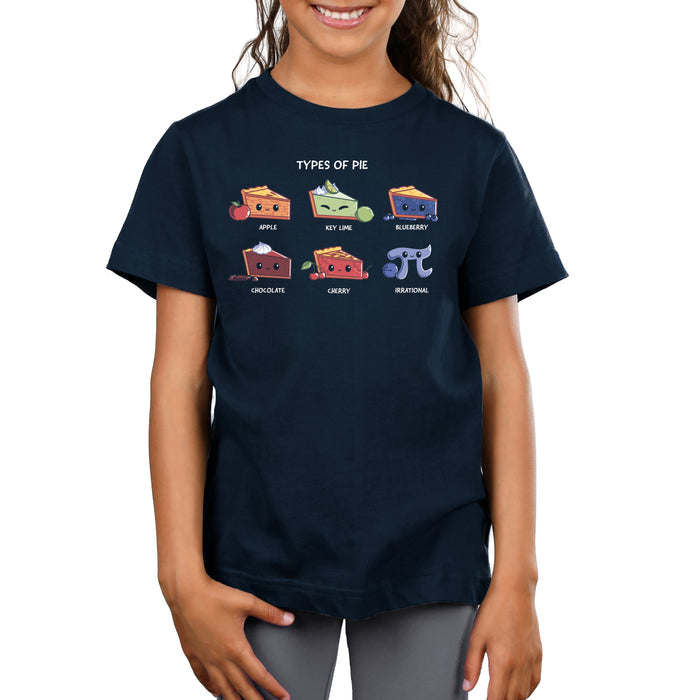 Premium Cotton T-shirt_TeeTurtle navy blue Slice of Pie apparel featuring a row of smiling pie slices, in the order of apple, key lime, blueberry, chocolate, and cherry, and a smiling pi sign that’s irrational.