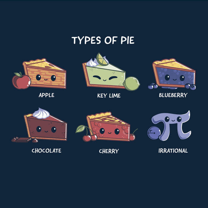 Classic Cotton T-shirt_TeeTurtle navy blue Slice of Pie apparel featuring a row of smiling pie slices, in the order of apple, key lime, blueberry, chocolate, and cherry, and a smiling pi sign that’s irrational.