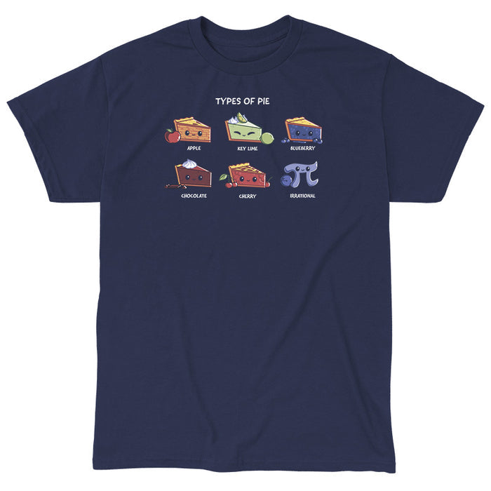Classic Cotton T-shirt_TeeTurtle navy blue Slice of Pie apparel featuring a row of smiling pie slices, in the order of apple, key lime, blueberry, chocolate, and cherry, and a smiling pi sign that’s irrational.