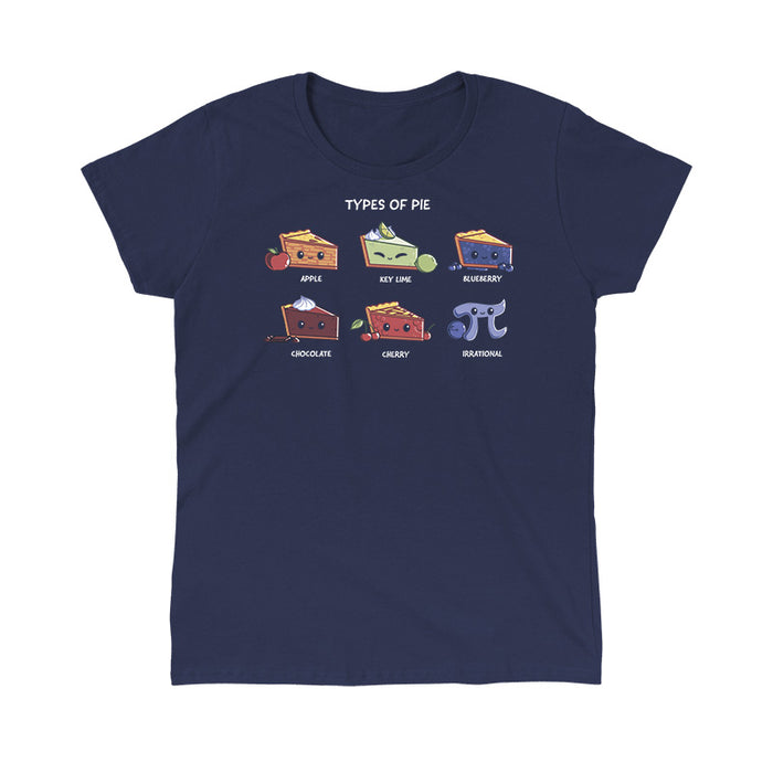 Classic Cotton T-shirt_TeeTurtle navy blue Slice of Pie apparel featuring a row of smiling pie slices, in the order of apple, key lime, blueberry, chocolate, and cherry, and a smiling pi sign that’s irrational.