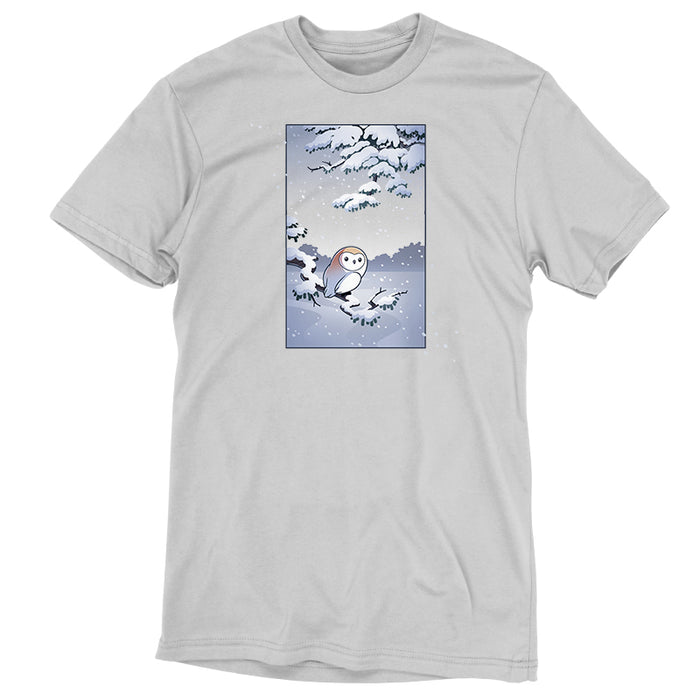 Premium Cotton T-shirt_TeeTurtle silver gray Snowy Owl apparel featuring a barn owl perched on a snowy branch with snow falling in the background.