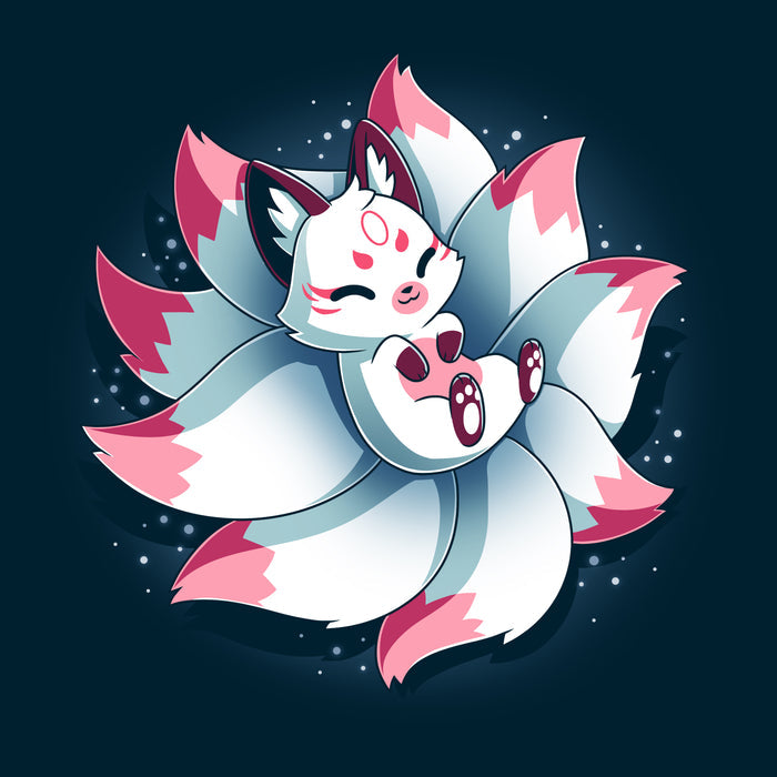 Premium Cotton T-shirt_TeeTurtle navy blue Snuggly Kitsune apparel featuring a kitsune lying back on its tails like a pillow.