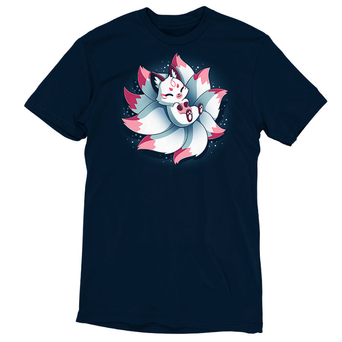 Premium Cotton T-shirt_TeeTurtle navy blue Snuggly Kitsune apparel featuring a kitsune lying back on its tails like a pillow.