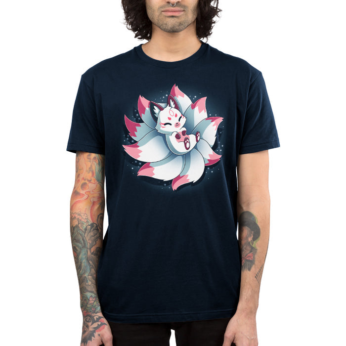 Premium Cotton T-shirt_TeeTurtle navy blue Snuggly Kitsune apparel featuring a kitsune lying back on its tails like a pillow.