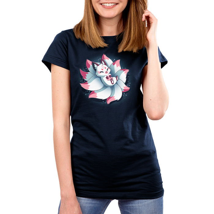 Premium Cotton T-shirt_TeeTurtle navy blue Snuggly Kitsune apparel featuring a kitsune lying back on its tails like a pillow.