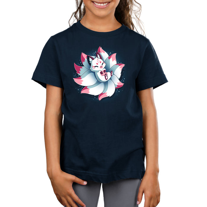 Premium Cotton T-shirt_TeeTurtle navy blue Snuggly Kitsune apparel featuring a kitsune lying back on its tails like a pillow.