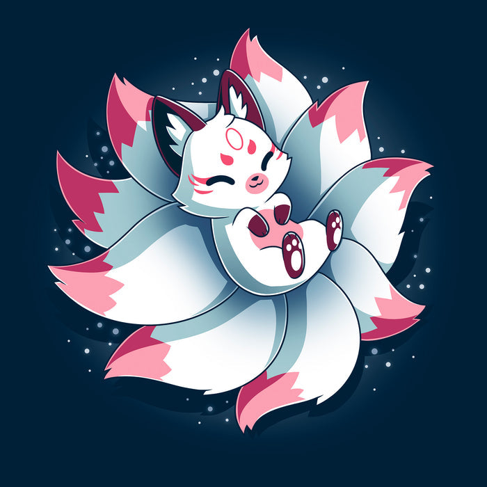 Classic Cotton T-shirt_TeeTurtle navy blue Snuggly Kitsune apparel featuring a kitsune lying back on its tails like a pillow.