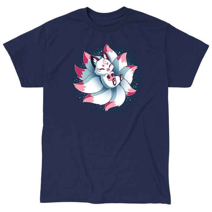 Classic Cotton T-shirt_TeeTurtle navy blue Snuggly Kitsune apparel featuring a kitsune lying back on its tails like a pillow.