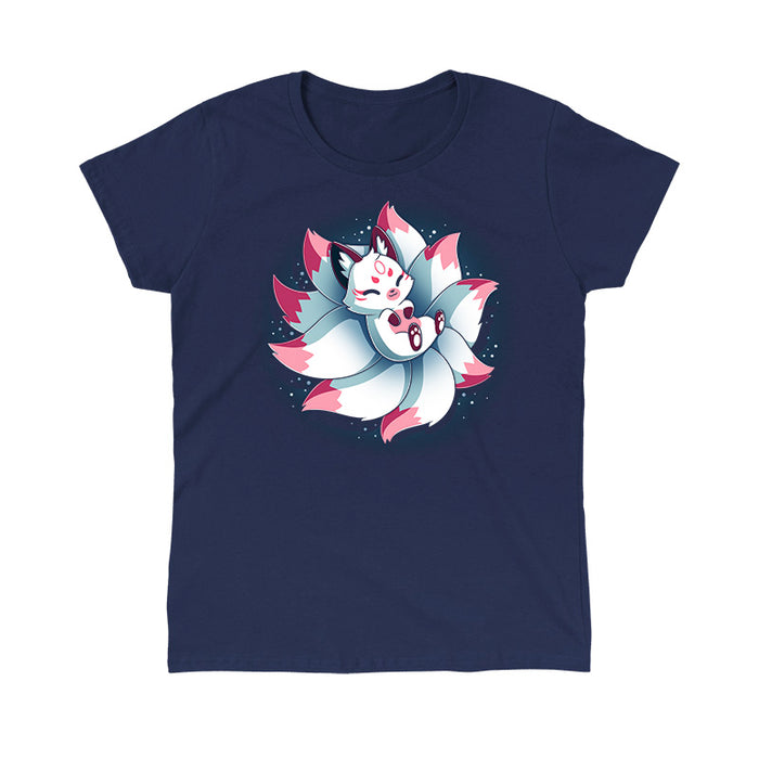 Classic Cotton T-shirt_TeeTurtle navy blue Snuggly Kitsune apparel featuring a kitsune lying back on its tails like a pillow.