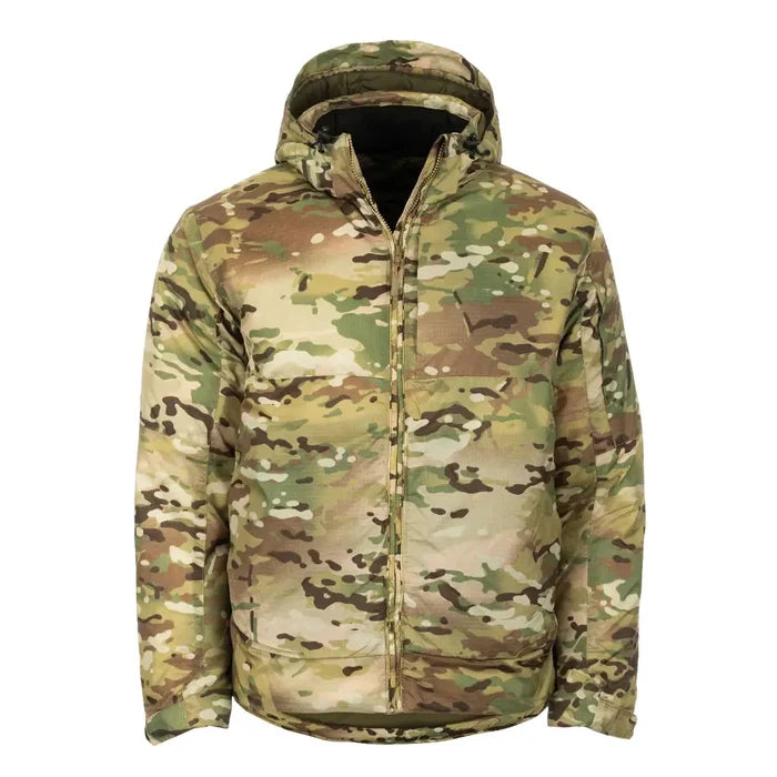 Front shot of a Snugpak Arrowhead insulated windproof jacket in multicam on a white background