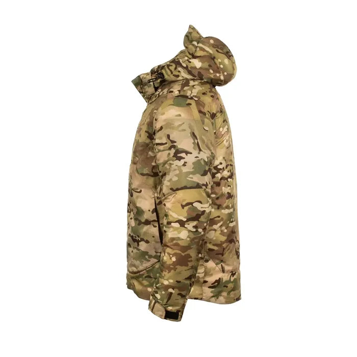Side image of Snugpak Arrowhead insulated windproof jacket in multicam on a white background