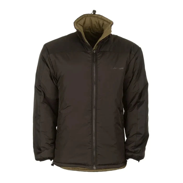 Front studio shot of Snugpak Sleeka Elite Reversible insulated windproof jacket in black/olive