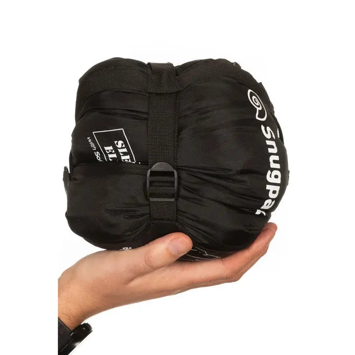 Studio shot of Snugpak Sleeka Elite Reversible insulated windproof jacket in black/olive packed in stuff sack