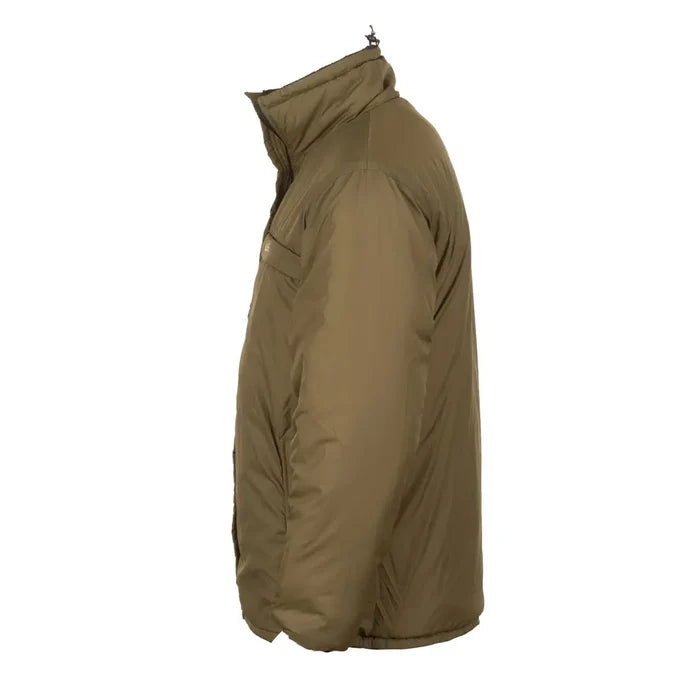 Side studio shot of Snugpak Sleeka Elite Reversible insulated windproof jacket in Olive/Black