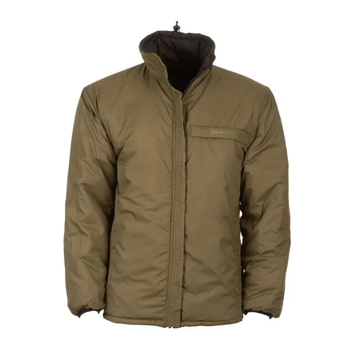 Front studio shot of Snugpak Sleeka Elite Reversible insulated windproof jacket in black/olive turned inside out