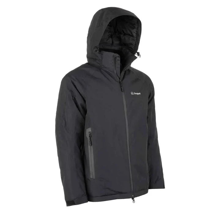 Studio shot on a white background of the side of Snugpak Torrent Insulated Waterproof Jacket in black