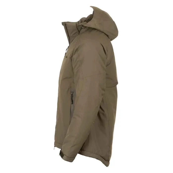 Studio shot on  a white background of the side of Snugpak Torrent Insulated Waterproof Jacket in forest green