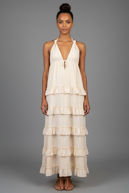 SOFT HALTER TIERED MAXI DRESS