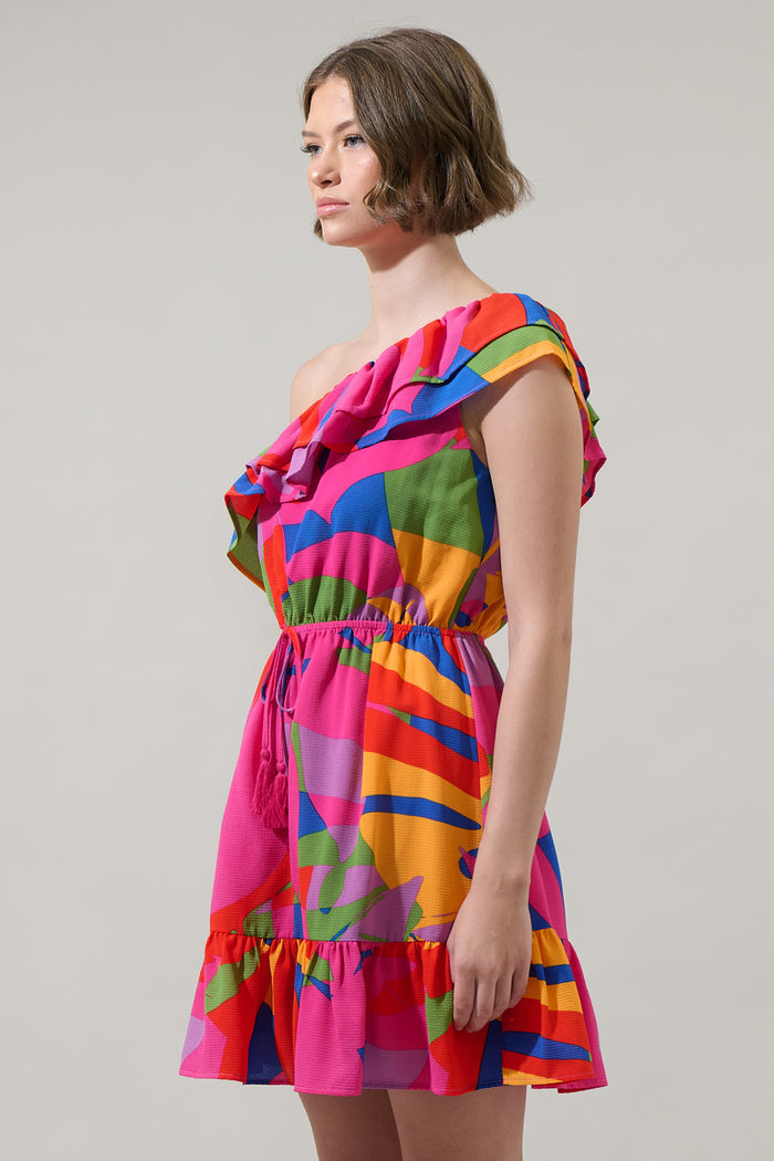 Soleil Abstract One Shoulder Mini Dress