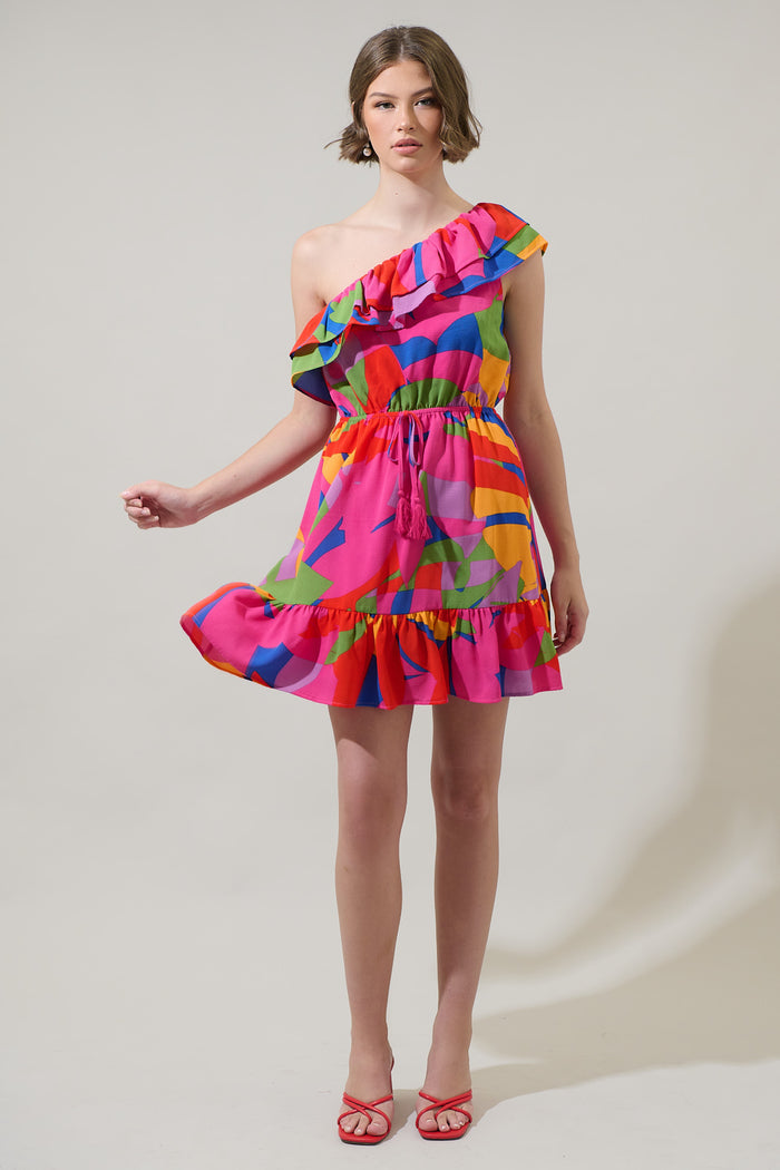 Soleil Abstract One Shoulder Mini Dress