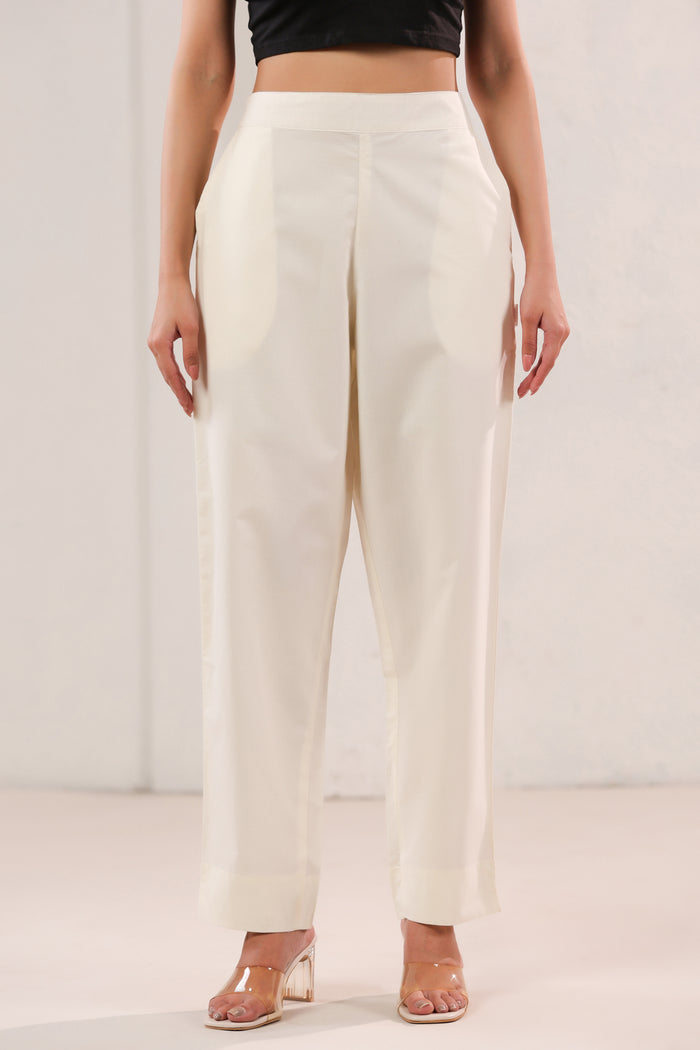 Solid Off-White High Waist Straight Fit Cotton Pants