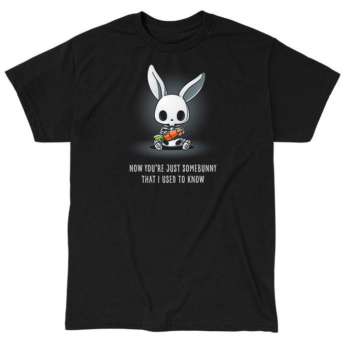Classic Cotton T-shirt_TeeTurtle black Somebunny That I Used to Know apparel featuring a bunny skeleton sitting down holding a giant carrot with the caption, “Now You’re Just Somebunny That I Used to Know“.