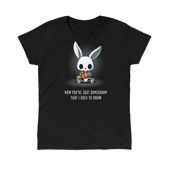 Classic Cotton T-shirt_TeeTurtle black Somebunny That I Used to Know apparel featuring a bunny skeleton sitting down holding a giant carrot with the caption, “Now You’re Just Somebunny That I Used to Know“.