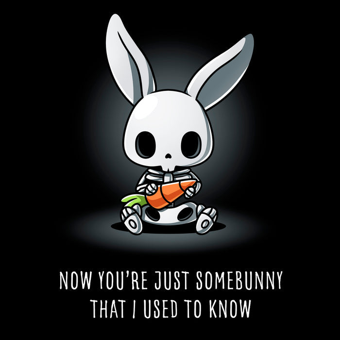 Long Sleeve T-shirt_TeeTurtle black Somebunny That I Used to Know apparel featuring a bunny skeleton sitting down holding a giant carrot with the caption, “Now You’re Just Somebunny That I Used to Know“.