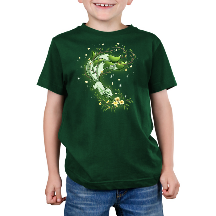 Premium Cotton T-shirt_TeeTurtle forest green Spirit of the Forest apparel featuring a kitsune fox in motion in shades of white and green, surrounded by flowers and leaves