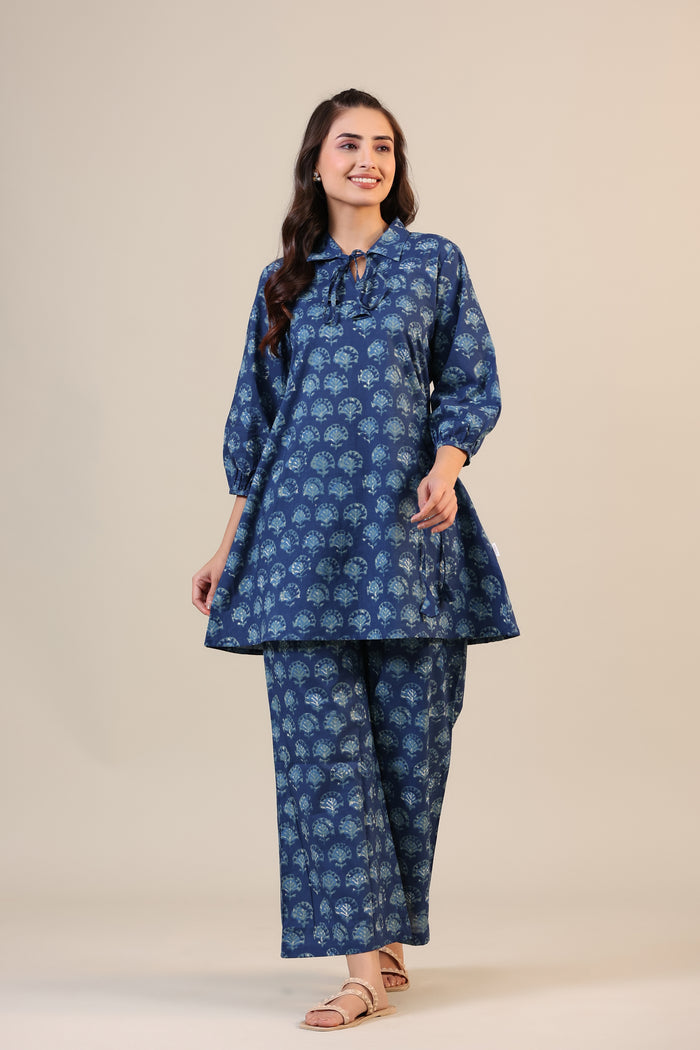 Stamped Motifs on Blue Collared Cotton Co-ord Set