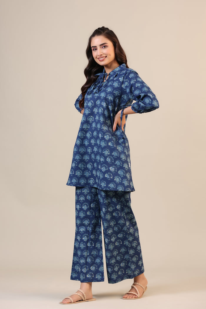 Stamped Motifs on Blue Collared Cotton Co-ord Set