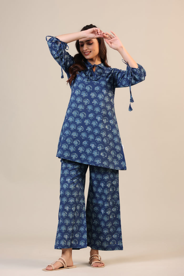Stamped Motifs on Blue Collared Cotton Co-ord Set