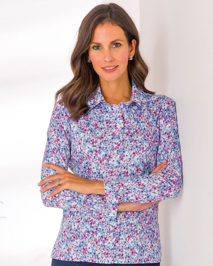 Stephanie Patterned Silky Cotton Long Sleeve Polo Top - Image 1 - The Classic Boutique
